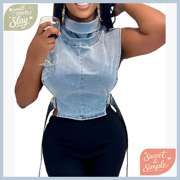 Sleeveless Denim Cropped Jacket with Buckle Lace-Up Design Regular Fit